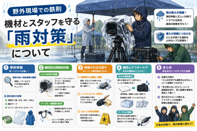 野外現場での鉄則〜機材とスタッフを守る「雨対策」について